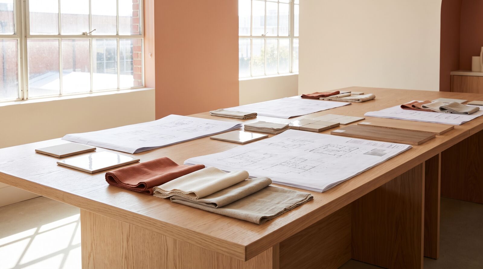 Interior design studio with floor plans on a table